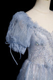 Blue Tulle Beads Long Prom Dress, Beautiful Short Sleeve Evening Party Dress HZ0429