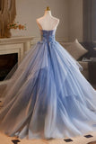 Blue Strapless Tulle Long Prom Dress, Lovely A-Line Evening Party Dress HZ0429