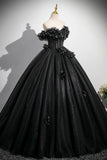 Black Tulle Flowers Long Prom Dress, Off the Shoulder A-Line Party Dress with Corset HZ0429