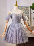 Shiny Tulle Sequins Knee Length Prom Dress, A-Line Off the Shoulder Evening Party Dress HZ0429
