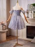 Shiny Tulle Sequins Knee Length Prom Dress, A-Line Off the Shoulder Evening Party Dress HZ0429
