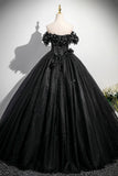 Black Tulle Flowers Long Prom Dress, Off the Shoulder A-Line Party Dress with Corset HZ0429