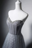 Elegant Grey Strapless Tulle Evening Gown with Rhinestone Bodice HZ0429
