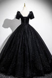 Black Glitter Tulle Long Prom Dress, Black Short Sleeve Evening Party Dress HZ0429