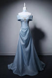 Light Blue Off-the-Shoulder Evening Gown with Floral Embroidery HZ0429