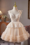 Champagne Tulle Lace Short Prom Dress, Lovely A-Line Party Dress HZ0429