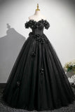 Black Tulle Flowers Long Prom Dress, Off the Shoulder A-Line Party Dress with Corset HZ0429