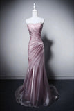 Pink Off-the-Shoulder Tulle Evening Gown - Ruched Bodice Mermaid Formal Dress with Beaded Neckline HZ0429