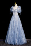 Blue Tulle Beads Long Prom Dress, Beautiful Short Sleeve Evening Party Dress HZ0429