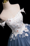 White Floral and Gray Tulle Long Prom Dress, Beautiful A-Line Party Dress HZ0429