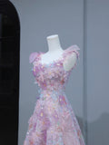 A-Line Purple Pink Tulle Flowers Long Prom Dress, Beautiful Evening Party Dress HZ0429