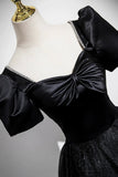 Black Glitter Tulle Long Prom Dress, Black Short Sleeve Evening Party Dress HZ0429