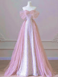 Pink Tulle Beads Long Prom Dress, Beautiful Off the Shoulder Evening Party Dress HZ0429
