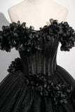 Black Tulle Flowers Long Prom Dress, Off the Shoulder A-Line Party Dress with Corset HZ0429