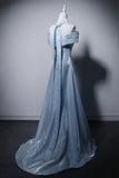 Light Blue Off-the-Shoulder Evening Gown with Floral Embroidery HZ0429