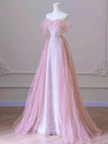 Pink Tulle Beads Long Prom Dress, Beautiful Off the Shoulder Evening Party Dress HZ0429
