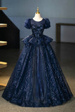 Navy Tulle Sequins Long Prom Dress, Elegant Short Sleeve Evening Party Dress HZ0429