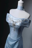 Light Blue Off-the-Shoulder Evening Gown with Floral Embroidery HZ0429
