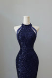 Navy Sequins Long Prom Dress, Mermaid Halter Evening Party Dress HZ0429