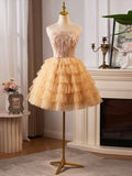 Lovely Tulle Layer Knee Length Prom Dress, A-Line Strapless Evening Party Dress HZ0429