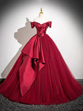Burgundy Satin Tulle Long Prom Dress, Elegant A-Line Formal Party Dress HZ0429