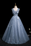 Beautiful Blue Butterfly Appliques Sequins Prom Dress, A-Line Backless Party Dress HZ0429