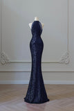 Navy Sequins Long Prom Dress, Mermaid Halter Evening Party Dress HZ0429