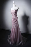 Pink Off-the-Shoulder Tulle Evening Gown - Ruched Bodice Mermaid Formal Dress with Beaded Neckline HZ0429