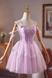 Purple Tulle Lace Short A-Line Prom Dress, A-Line Evening Party Dress HZ0429