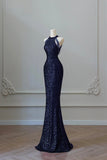 Navy Sequins Long Prom Dress, Mermaid Halter Evening Party Dress HZ0429