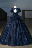 Navy Tulle Sequins Long Prom Dress, Elegant Short Sleeve Evening Party Dress HZ0429