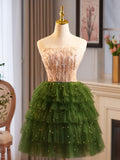 Green Tulle Layer Knee Length Prom Dress, A-Line Strapless Evening Party Dress HZ0429