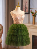 Green Tulle Layer Knee Length Prom Dress, A-Line Strapless Evening Party Dress HZ0429
