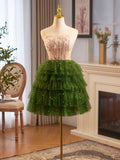 Green Tulle Layer Knee Length Prom Dress, A-Line Strapless Evening Party Dress HZ0429