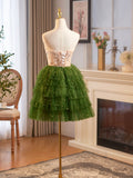 Green Tulle Layer Knee Length Prom Dress, A-Line Strapless Evening Party Dress HZ0429