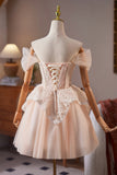 Champagne Tulle Lace Short Prom Dress, Off the Shoulder A-Line Party Dress HZ0429