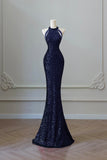 Navy Sequins Long Prom Dress, Mermaid Halter Evening Party Dress HZ0429