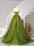 A-Line Strapless Green Satin Tulle Sweep Train Prom Evening Dresses HZ0429