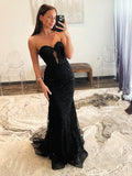 Black Mermaid Sweetheart Lace Long Prom Dress, Black Strapless Evening Party Dress HZ0429