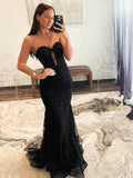 Black Mermaid Sweetheart Lace Long Prom Dress, Black Strapless Evening Party Dress HZ0429