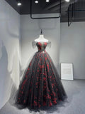 Black Tulle and Red Sequins Floor Length Prom Dress, Off the Shoulder Evening Party Dress HZ0429