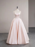 Light Pink Satin Spaghetti Strap Long Prom Dress, Beautiful A-Line Evening Dress with Bow HZ0429
