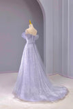 Gray Tulle Sequins Long Prom Dress, Beautiful Off the Shoulder Party Dress HZ0429