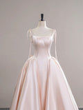 Light Pink Satin Spaghetti Strap Long Prom Dress, Beautiful A-Line Evening Dress with Bow HZ0429