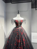 Black Tulle and Red Sequins Floor Length Prom Dress, Off the Shoulder Evening Party Dress HZ0429