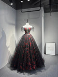 Black Tulle and Red Sequins Floor Length Prom Dress, Off the Shoulder Evening Party Dress HZ0429