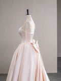 Light Pink Satin Spaghetti Strap Long Prom Dress, Beautiful A-Line Evening Dress with Bow HZ0429