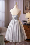 Gray Tulle Lace Short Prom Dress, A-Line Evening Party Dress HZ0429
