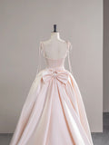 Light Pink Satin Spaghetti Strap Long Prom Dress, Beautiful A-Line Evening Dress with Bow HZ0429