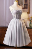 Gray Tulle Lace Short Prom Dress, A-Line Evening Party Dress HZ0429